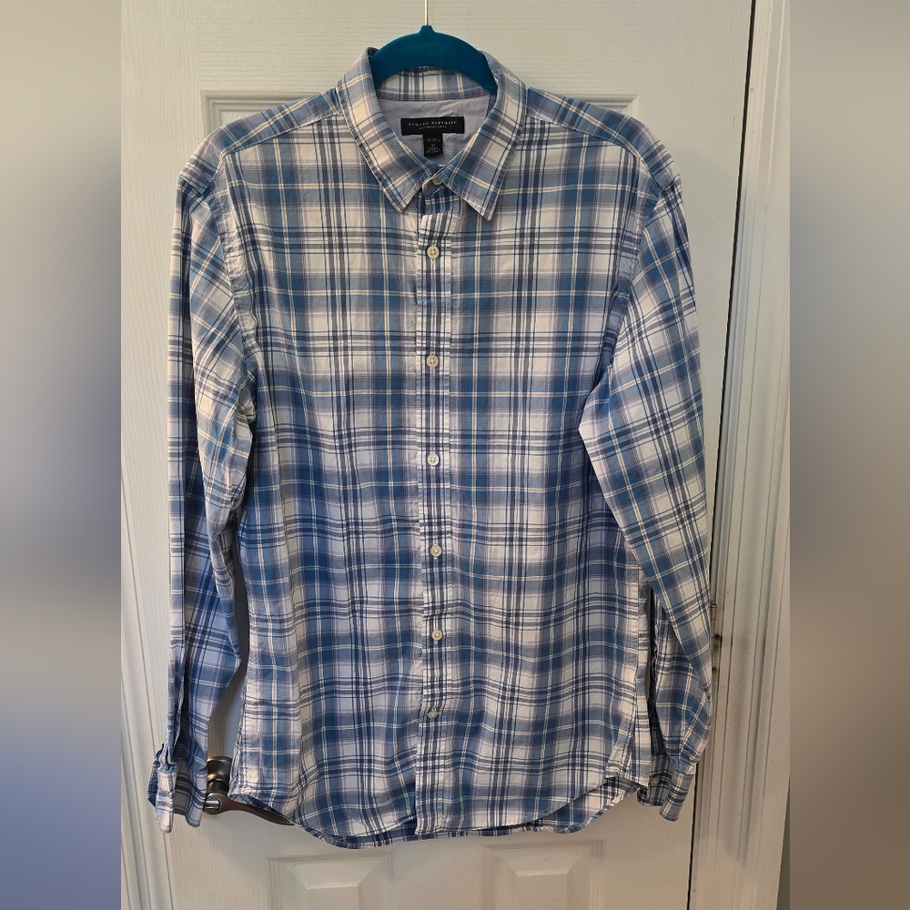 Banana Republic Men's Light Blue Cotton Plaid Shirt, Size M (312)